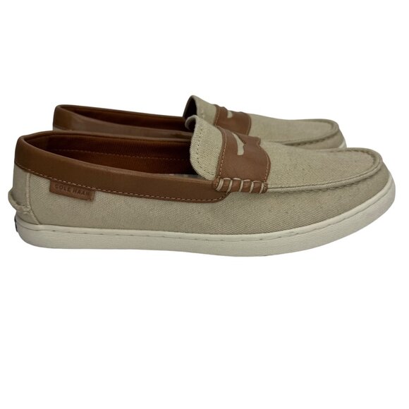 Cole Haan Beige Canvas Nantucket Penny Loafer Brown Leather Detail Men's Sz 10 M - Picture 2 of 10